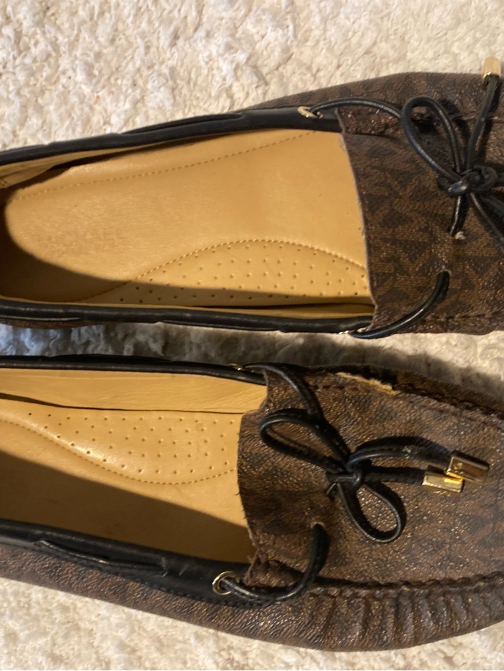 Michael Kors Brown Logo Moccasin Flats with Black Trim and Gold Accents